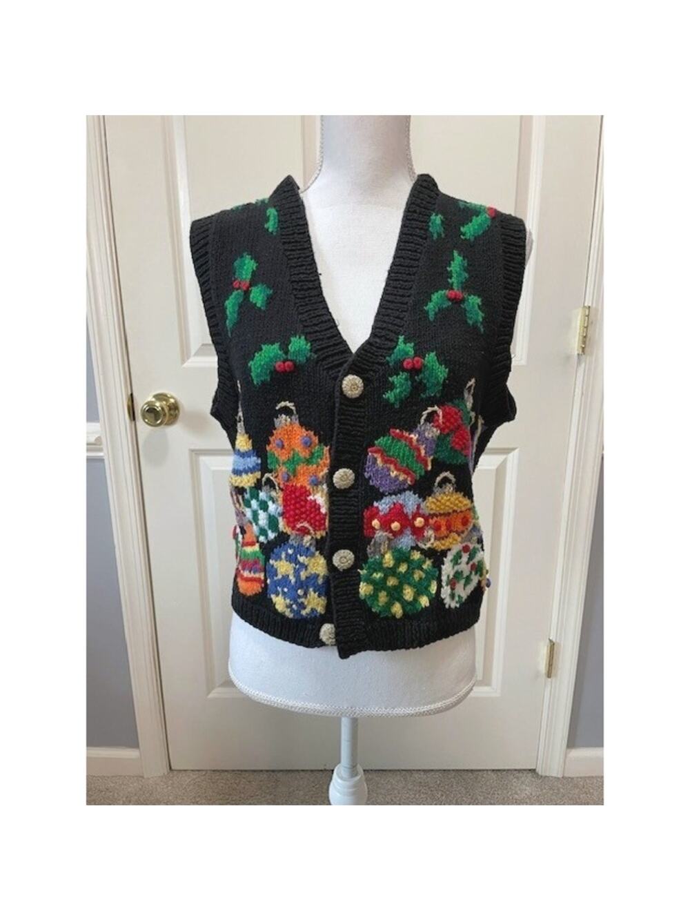 Vintage Eagle's Eye Large Hand Knit Holiday Sweater Vest Black Cotton Christmas